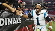 Carolina Panthers quarterback Cam Newton (1) celebrates after beating the Arizona Cardinals 34-10 at State Farm Stadium in Glendale, Arizona, on Nov. 14, 2021.

Nfl Cardinals Vs Panthers Carolina Panthers At Arizona Cardinals