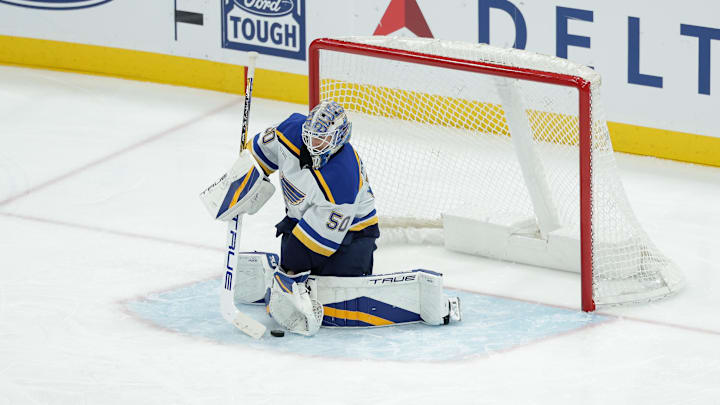 Feb 2, 2025; Salt Lake City, Utah, USA; St. Louis Blues goaltender Jordan Binnington (50) makes a save with his glove during the third period against the Utah Hockey Club at Delta Center. Mandatory Credit: Chris Nicoll-Imagn Images Feb 2, 2025; Salt Lake City, Utah, USA; St. Louis Blues goaltender Jordan Binnington (50) makes a save with his glove during the third period against the Utah Hockey Club at Delta Center. Mandatory Credit: Chris Nicoll-Imagn Images