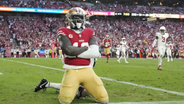 Dec 17, 2023; Glendale, Ariz, United States; San Francisco 49ers wide receiver Deebo Samuel (19) celebrates a touchdown against Arizona. 