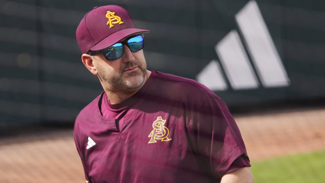 Arizona State manager Willie Bloomquist calls for a replay against Ohio State during the first inning at Phoenix Municipal Stadium on Feb. 16, 2025.