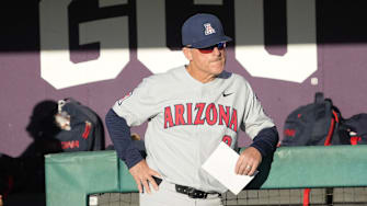 Mar 29, 2022; Phoenix, Arizona, USA;  Arizona head coach Chip Hale waits to play against Grand Canyon at Grand Canyon baseball park. 