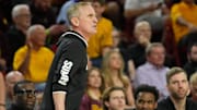 Arizona State head coach Bobby Hurley reacts after receiving a technical foul during Big 12 conference play against BYU at Desert Financial Arena in Tempe on Feb. 26, 2025.