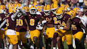 Arizona State linebacker Jordan Crook (8) celebrates an interception against BYU during Big 12 conference play at Mountain America Stadium.