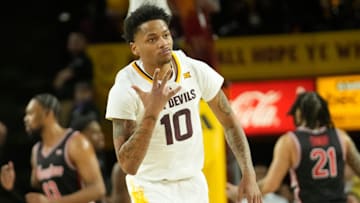 Arizona State guard BJ Freeman (10) reacts after a three point basket against Houston during the first half at Desert Financial Arena in Tempe, on Feb. 18, 2025.