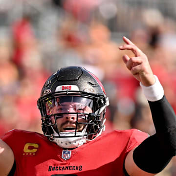 Tampa Bay Buccaneers quarterback Baker Mayfield celebrates after throwing a touchdown pass in the second half against the New Orleans Saints.