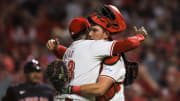 Jun 12, 2024; Cincinnati, Ohio, USA; Cincinnati Reds relief pitcher Alexis Diaz (43) hugs catcher Tyler Stephenson (37) after the victory over the Cleveland Guardians at Great American Ball Park. Mandatory Credit: Katie Stratman-USA TODAY Sports