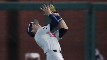 Mar 29, 2022; Phoenix, Arizona, USA;  Arizona infielder Garen Caulfield (1) catches a fly ball against Grand Canyon during a game at Grand Canyon baseball park. Mandatory Credit: Michael Chow-Arizona Republic

Ncaa Baseball Gcu Baseball Game Arizona At Grand Canyon
