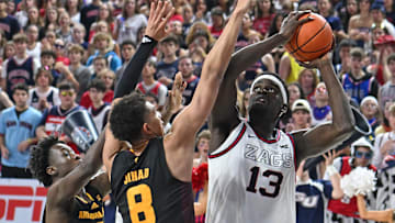 Nov 10, 2024; Spokane, Washington, USA; Gonzaga Bulldogs forward Graham Ike (13) shoots the ball against Arizona State Sun Devils forward Basheer Jihad (8) in the second half at McCarthey Athletic Center. Gonzaga Bulldogs won 88-80. Mandatory Credit: James Snook-Imagn Images