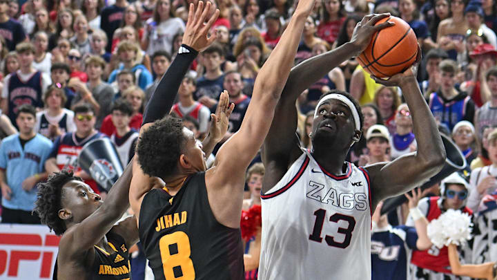 Nov 10, 2024; Spokane, Washington, USA; Gonzaga Bulldogs forward Graham Ike (13) shoots the ball against Arizona State Sun Devils forward Basheer Jihad (8) in the second half at McCarthey Athletic Center. Gonzaga Bulldogs won 88-80. Mandatory Credit: James Snook-Imagn Images
