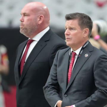 Arizona Cardinals general manager Steve Keim (left) and owner Michael Bidwill watch pre-game warmups before playing against the San Francisco 49ers at State Farm Stadium in Glendale on Oct. 10, 2021.

Nfl San Francisco 49ers At Arizona Cardinals