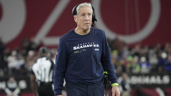 Seattle Seahawks head coach Pete Carroll watches his team play against the Arizona Cardinals during the third quarter at State Farm Stadium in Glendale on Jan. 7, 2024.