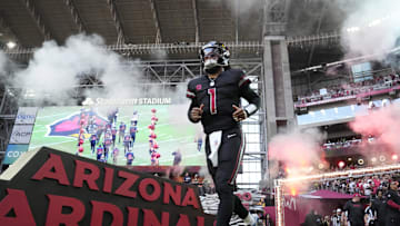 Arizona Cardinals quarterback Kyler Murray (1) is introduced before playing against the Seattle Seahawks at State Farm Stadium in Glendale on Dec. 8, 2024.