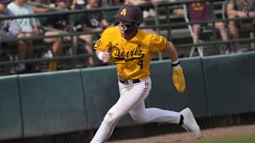 Arizona State infielder Jax Ryan (4) rounds third base before scoring against Ohio State during the second inning at Phoenix Municipal Stadium on Feb. 16, 2025.