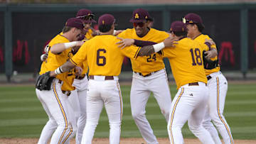 Arizona State players celebrate after beating Ohio State 17-10 at Phoenix Municipal Stadium on Sunday, Feb. 16, 2025.