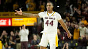 Arizona State guard Adam Miller (44) reacts after a three-point basket against UCF during Big 12 play at Desert Financial Arena in Tempe on Jan. 14, 2025.