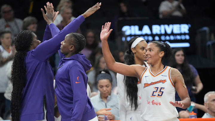 Phoenix Mercury forward Alyssa Thomas (25) celebrates their 82-66 win against the Connecticut Sun in Phoenix, at PHX Arena on Aug 5, 2025.