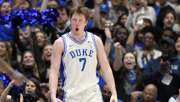 Mar 1, 2025; Durham, North Carolina, USA;  Duke Blue Devils forward Kon Knueppel (7) reacts after scoring during the first half against the Florida State Seminoles at Cameron Indoor Stadium. Mandatory Credit: Zachary Taft-Imagn Images