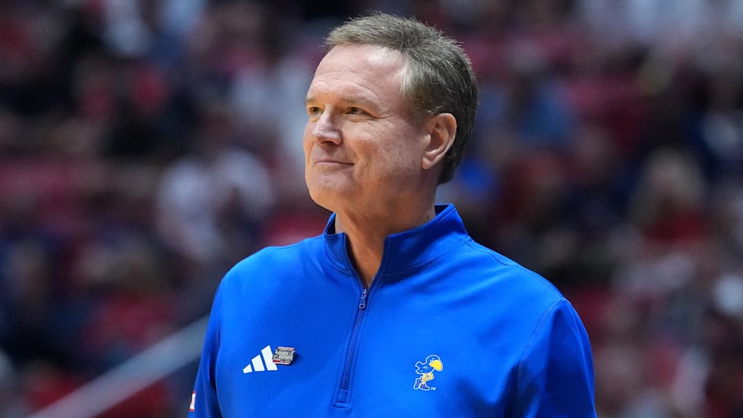 Mar 22, 2026; San Diego, CA, USA; Kansas Jayhawks head coach Bill Self looks on in the first half against the St. John's Red Storm during a second round game of the men's 2026 NCAA Tournament at Viejas Arena. 