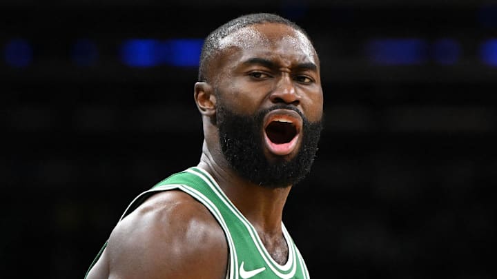 Dec 2, 2025; Boston, Massachusetts, USA; Boston Celtics guard Jaylen Brown (7) reacts after scoring against the New York Knicks during the second half at the TD Garden. Mandatory Credit: Brian Fluharty-Imagn Images