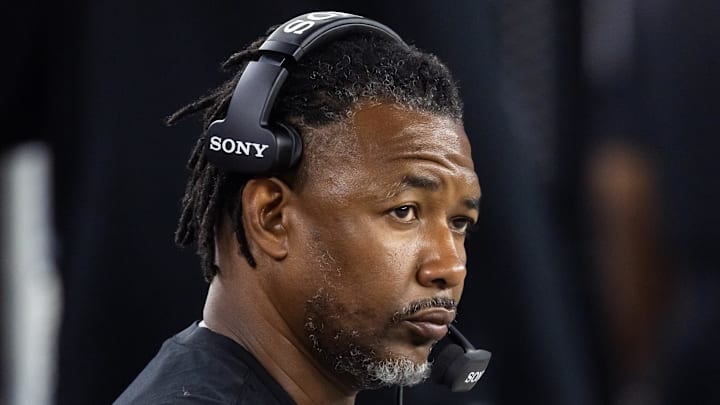 Aug 23, 2025; Glendale, Arizona, USA; Las Vegas Raiders defensive coordinator Patrick Graham against the Arizona Cardinals during a preseason NFL game at State Farm Stadium. Mandatory Credit: Mark J. Rebilas-Imagn Images