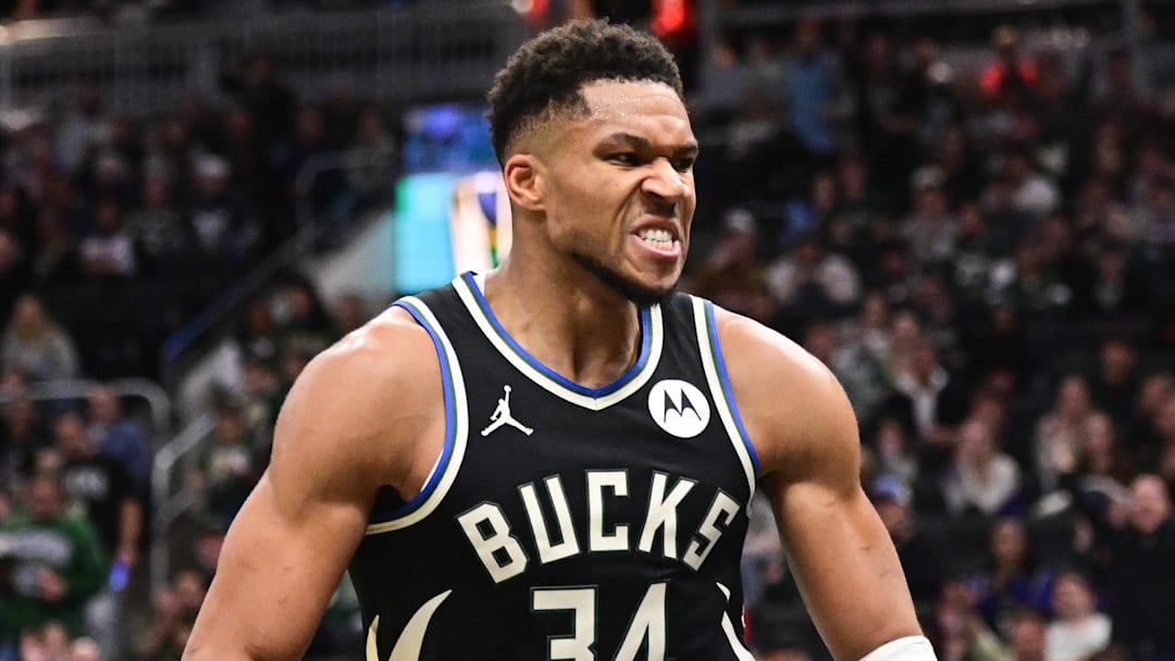Nov 7, 2025; Milwaukee, Wisconsin, USA; Milwaukee Bucks forward Giannis Antetokounmpo (34) reacts after scoring a basket in the 3rd quarter against the Chicago Bulls at Fiserv Forum. Mandatory Credit: Benny Sieu-Imagn Images Nov 7, 2025; Milwaukee, Wisconsin, USA; Milwaukee Bucks forward Giannis Antetokounmpo (34) reacts after scoring a basket in the 3rd quarter against the Chicago Bulls at Fiserv Forum. Mandatory Credit: Benny Sieu-Imagn Images