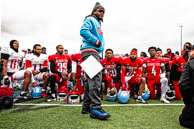 New Delaware State head coach, and former Philadelphia Eagle, DeSean Jackson speaks to the team at the end of the Red-White i