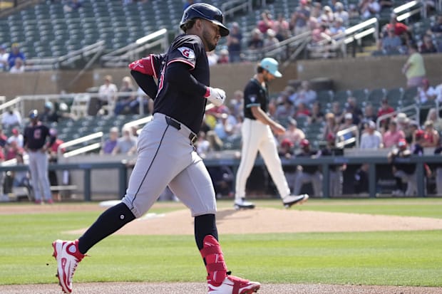 Gabriel Arias (13) rounds the bases after a solo home run