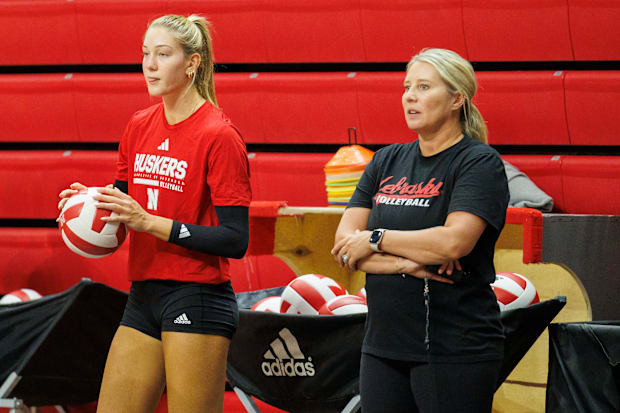 Nebraska volleyball middle blocker Andi Jackson and coach Dani Busboom Kelly at practice ahead of the 2025 season.