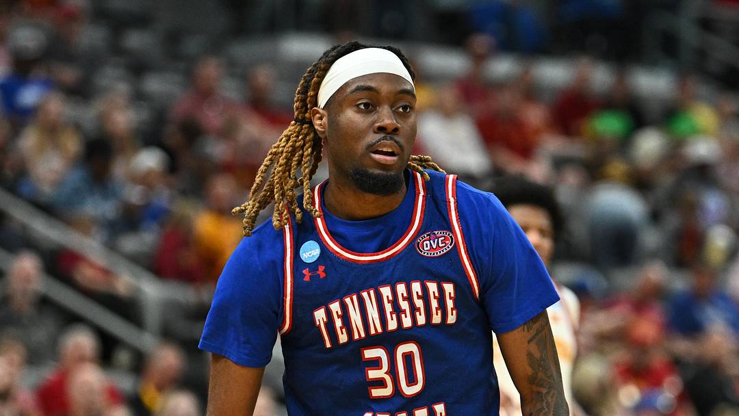 Mar 20, 2026; St. Louis, MO, USA; Tennessee State Tigers guard Aaron Nkrumah (30) looks on against the Iowa State Cyclones during the first half of a first-round game of the men's 2026 NCAA Tournament at Enterprise Center.
