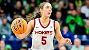Feb 29, 2024; Virginia Tech guard Georgia Amoore (5) dribbles in the first half against Notre Dame at the Purcell Pavilion.