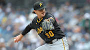 Pittsburgh Pirates starting pitcher Paul Skenes (30) pitches against the New York Yankees during the first inning at Yankee Stadium. 