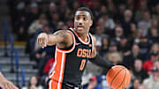 Jan 28, 2025; Spokane, Washington, USA; Oregon State Beavers guard Damarco Minor (0) controls the ball against the Gonzaga Bulldogs in the first half at McCarthey Athletic Center. Mandatory Credit: James Snook-Imagn Images