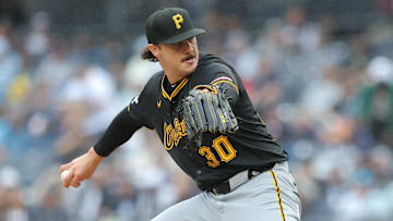Sep 28, 2024; Bronx, New York, USA; Pittsburgh Pirates starting pitcher Paul Skenes (30) pitches against the New York Yankees during the first inning at Yankee Stadium.
