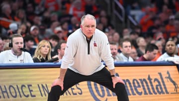 Feb 27, 2024; Syracuse, New York, USA; Virginia Tech Hokies head coach Mike Young watches a play against the Syracuse Orange in the second half at the JMA Wireless Dome. Mandatory Credit: Mark Konezny-USA TODAY Sports