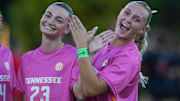 Tennessee midfielder Dakota Brown (23) and Tennessee forward Kate Runyon (7) make a butterfly with their hands during a NCAA soccer game between Tennessee and Georgia at Regal Soccer Stadium in Knoxville, Tennessee on October 2, 2025.