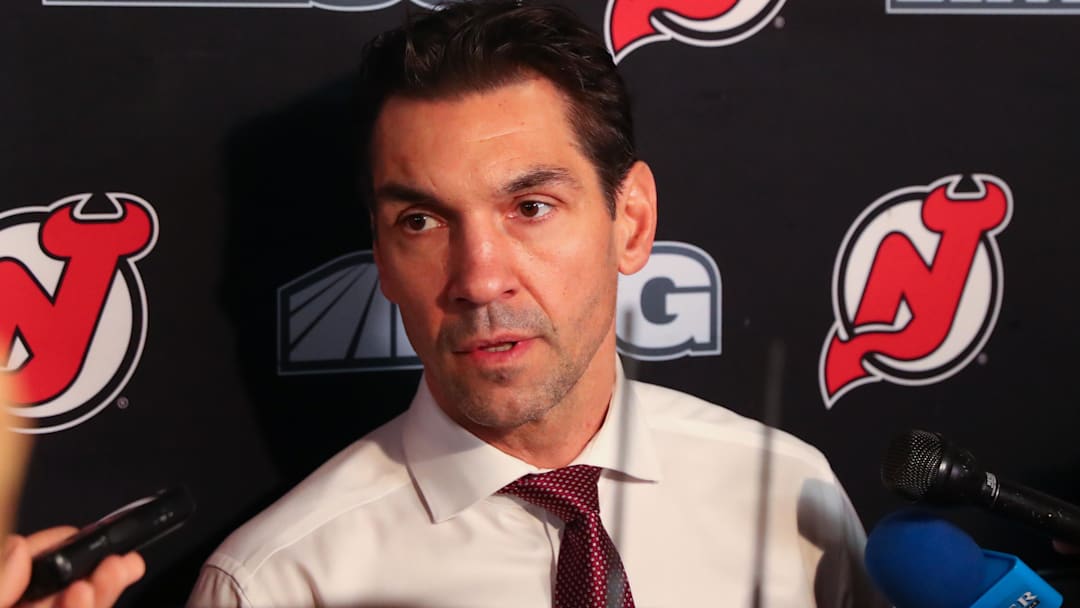 Dec 3, 2019; Newark, NJ, USA; New Jersey Devils interim head coach Alain Nasreddine  speaks to the media prior to the start of a game between the New Jersey Devils and the Vegas Golden Knights at Prudential Center. Mandatory Credit: Ed Mulholland-Imagn Images