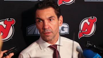 Dec 3, 2019; Newark, NJ, USA; New Jersey Devils interim head coach Alain Nasreddine  speaks to the media prior to the start of a game between the New Jersey Devils and the Vegas Golden Knights at Prudential Center. Mandatory Credit: Ed Mulholland-Imagn Images