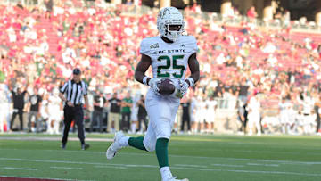 Sep 16, 2023; Stanford, California, USA; Sacramento State Hornets running back Elijah Tau-Tolliver (25) scores a touchdown during the second quarter against the Stanford Cardinal at Stanford Stadium. Mandatory Credit: Sergio Estrada-Imagn Images