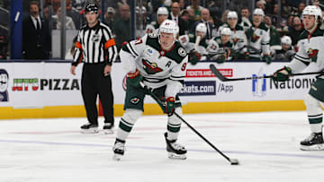 Oct 19, 2024; Columbus, Ohio, USA; Minnesota Wild left wing Kirill Kaprizov (97) looks to shoot against the Columbus Blue Jackets during the third period  at Nationwide Arena. Mandatory Credit: Russell LaBounty-Imagn Images