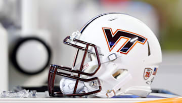 Dec 29, 2016; Charlotte, NC, USA; A Virginia Tech Hokies helmet lays on the sidelines during the second half against the Arkansas Razorbacks during the Belk Bowl at Bank of America Stadium. Virginia Tech defeated Arkansas 35-24. Mandatory Credit: Jeremy Brevard-Imagn Images