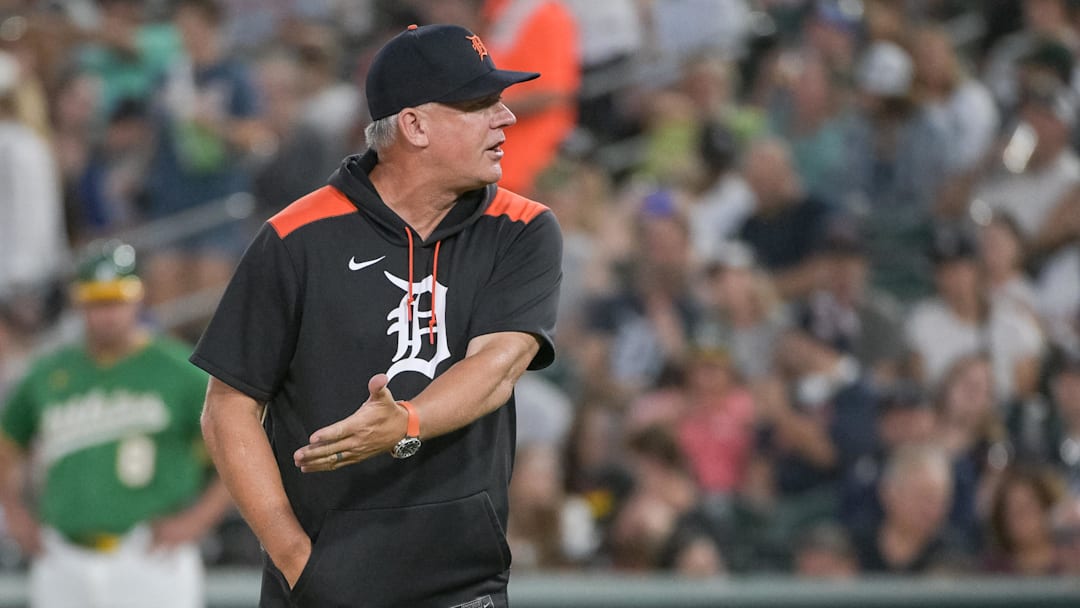 Aug 25, 2025; West Sacramento, California, USA; Detroit Tigers manager A.J. Hinch (14) motions to the home plate umpire during a mound visit in the fourth inning of the game against the Athletics at Sutter Health Park. 