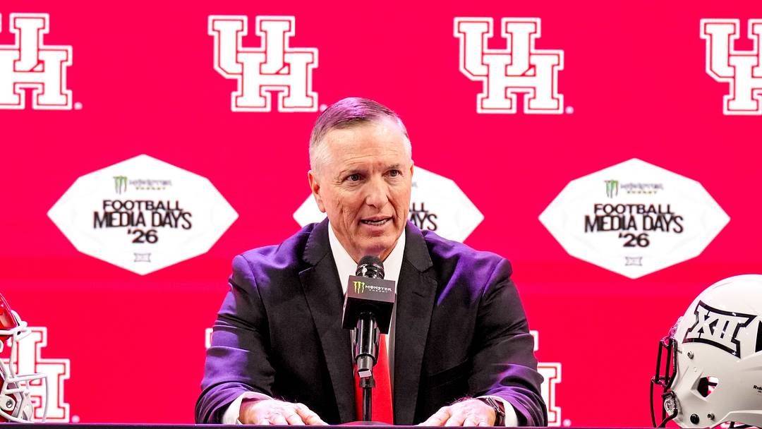 Jul 7, 2026; Frisco, TX, USA; Houston head coach Willie Fritz speaks to reporters during Big 12 Conference Football Media Days at The Star. Mandatory Credit: Raymond Carlin III-Imagn Images Jul 7, 2026; Frisco, TX, USA; Houston head coach Willie Fritz speaks to reporters during Big 12 Conference Football Media Days at The Star. Mandatory Credit: Raymond Carlin III-Imagn Images