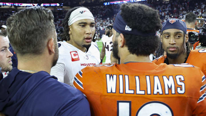 Sep 15, 2024; Houston, Texas, USA; Houston Texans quarterback C.J. Stroud (7) talks with Chicago Bears quarterback Caleb Williams (18) after the game at NRG Stadium. Mandatory Credit: Troy Taormina-Imagn Images Sep 15, 2024; Houston, Texas, USA; Houston Texans quarterback C.J. Stroud (7) talks with Chicago Bears quarterback Caleb Williams (18) after the game at NRG Stadium. Mandatory Credit: Troy Taormina-Imagn Images