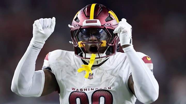 Washington Commanders safety Jeremy Reaves celebrates his tackle during the first quarter against the Cincinnati Bengals.