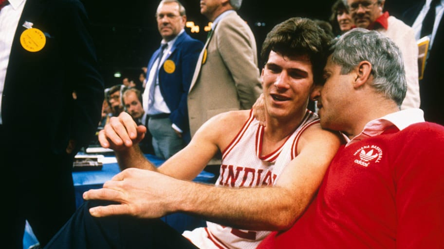 Indiana coach Bob Knight with Steve Alford during the 1987 NCAA basketball national championship game. 