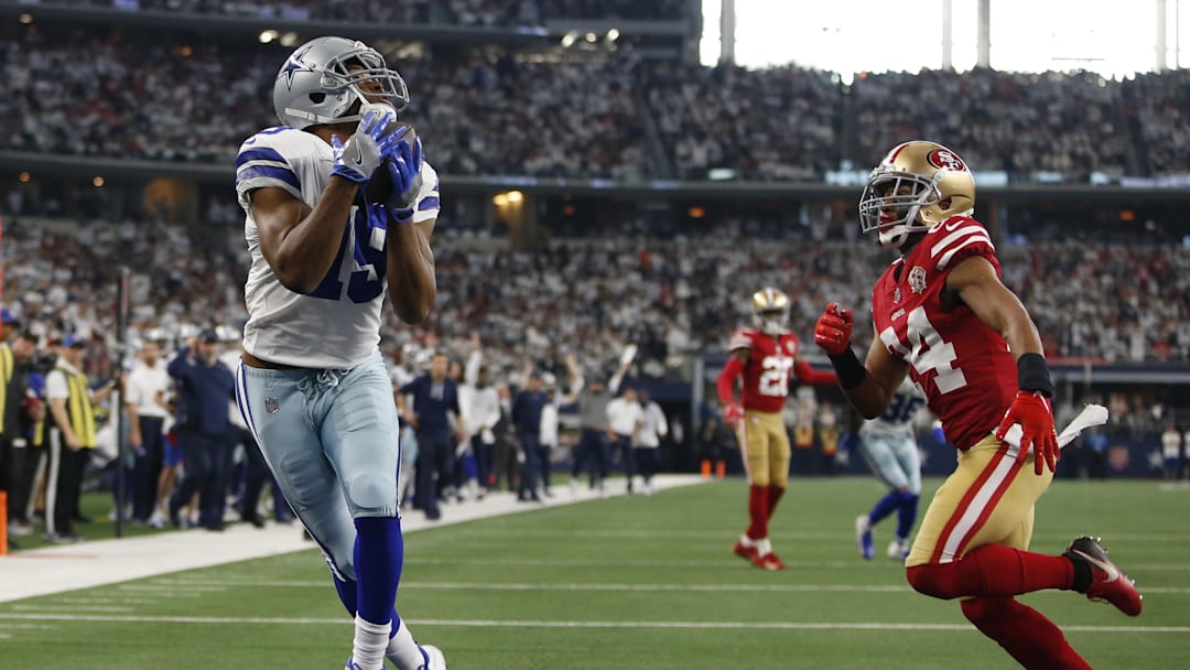 Amari Cooper catches a touchdown pass for the Dallas Cowboys vs. the San Francisco 49ers.
