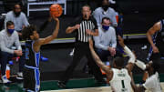 Feb 1, 2021; Coral Gables, Florida, USA; Duke Blue Devils guard DJ Steward (2) attempts a three point shot against the Miami Hurricanes during the second half at Watsco Center. Mandatory Credit: Jasen Vinlove-USA TODAY Sports