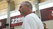 Indiana coach Darian DeVries speaks to his team during a workout at Cook Hall as summer practices began during the first full week of June.