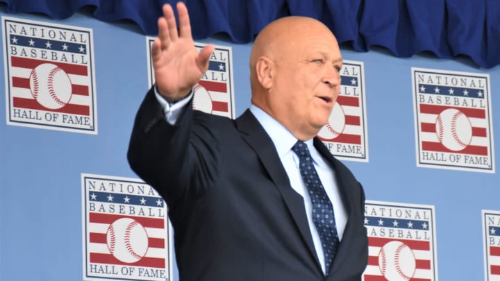 Cal Ripken Jr acknowledges the crowd during the introduction of returning inductees at the National Baseball Hall of Fame's 2024 induction ceremony Sunday, July 21, 2024, at the Clark Sports Center in Cooperstown, New York.