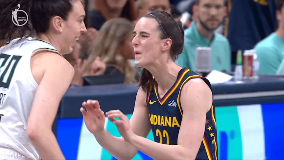 Clark and Stewart react after Clark drains a three-pointer for the Fever against the Liberty | Screengrab via ABC/ESPN